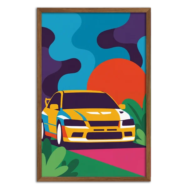 Framed abstract Mitsubishi Evolution automotive art print with bold geometric colours.