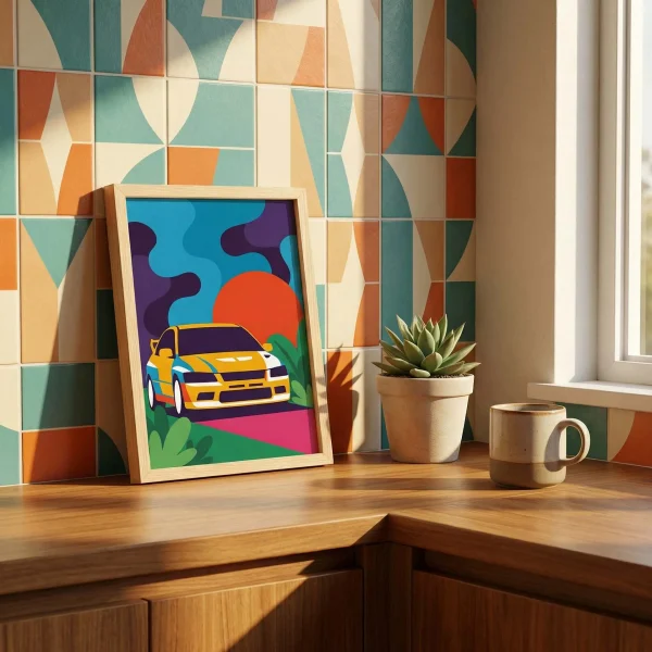 Abstract Mitsubishi Evolution art print on a kitchen counter in a mid century modern kitchen.