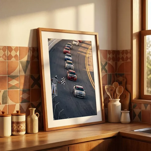 Nissan Skyline GTR race photography print on a kitchen counter.
