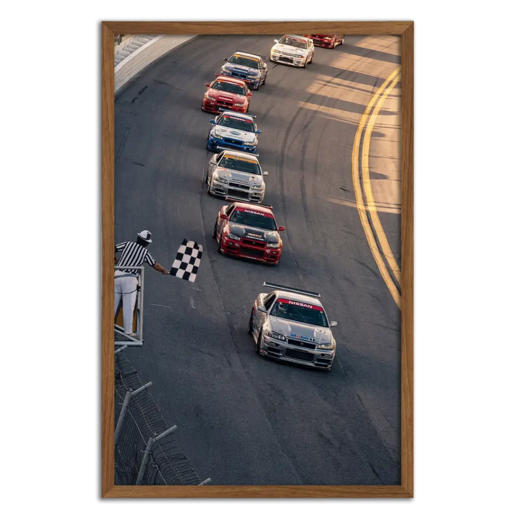 Framed Nissan Skyline GTR race day photography print.