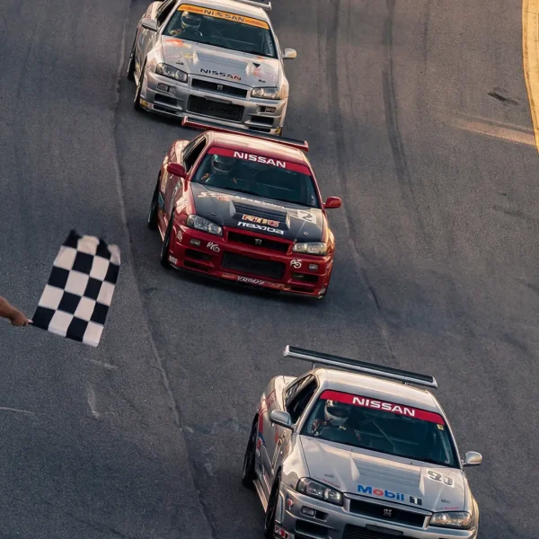 Zoomed-in image of Nissan Skyline GTR race day photography print.