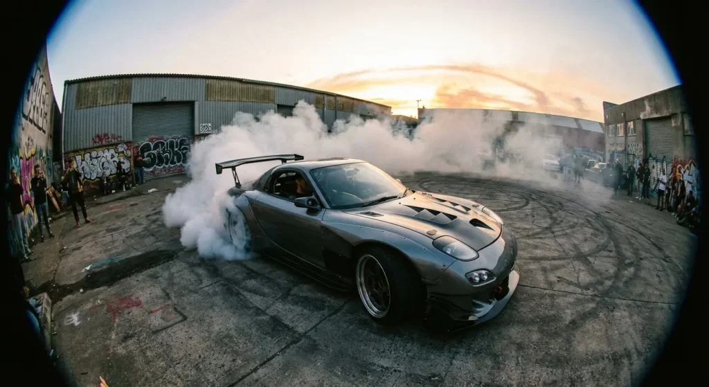 RX7 Drifting in an industrial lot