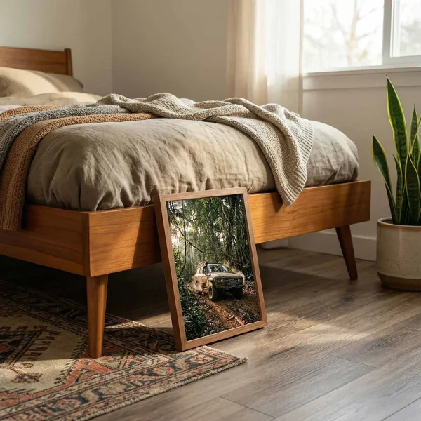 Toyota Land Cruiser jungle photography print leaning in a bedroom.