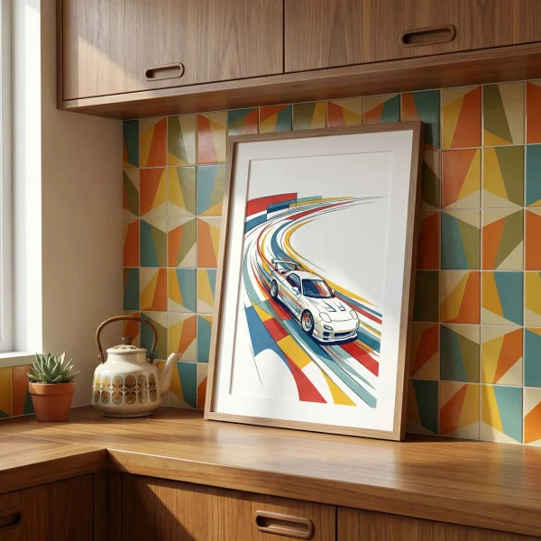 Bauhaus RX7 racing line art print on a modern kitchen counter.