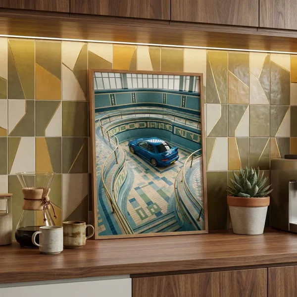 Subaru 22B mosaic pool photography print on a modern kitchen counter.