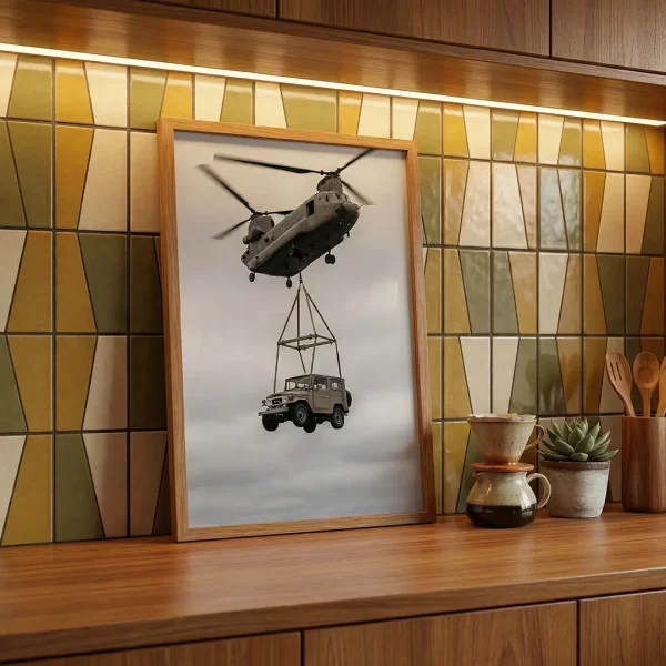 Land Cruiser 40 Series airlift photography print on a kitchen counter.