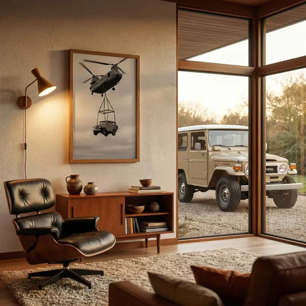 Land Cruiser 40 Series wall art in a modern living room.
