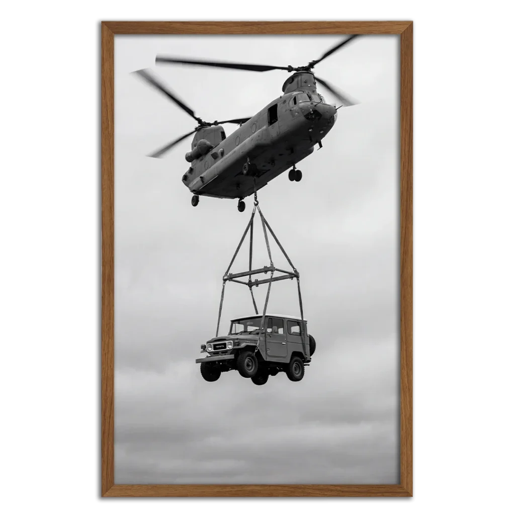 Framed Land Cruiser 40 Series helicopter lift photography print.