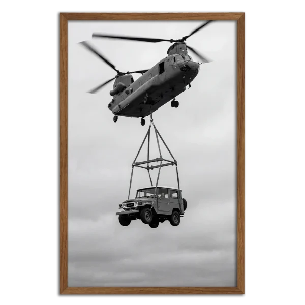 Framed Land Cruiser 40 Series helicopter lift photography print.