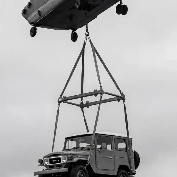 Zoomed-in image of a Land Cruiser 40 Series helicopter lift photography print.