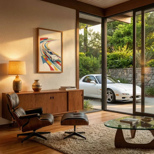 Bauhaus RX7 racing line wall art in a mid-century modern living room.