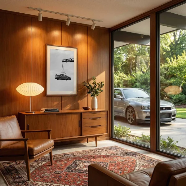 R34 GTR crane lift art print displayed in a vintage modern living room.