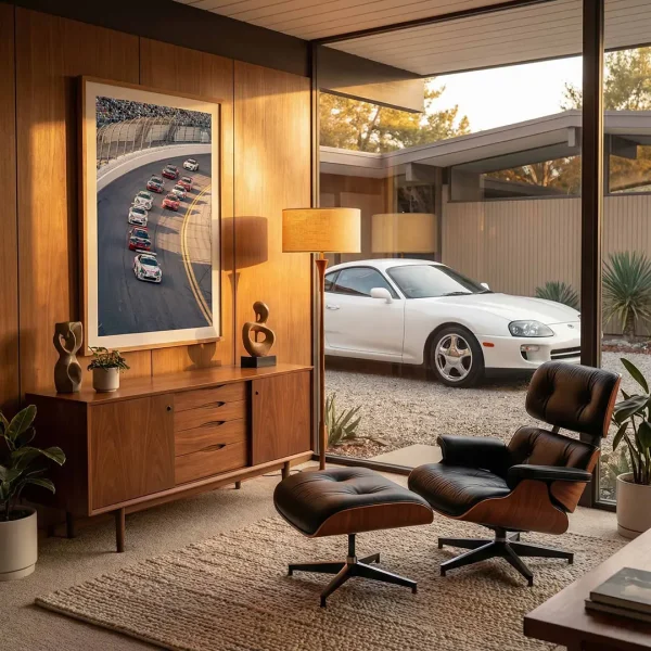 Supra race day wall art in a mid-century modern living room.