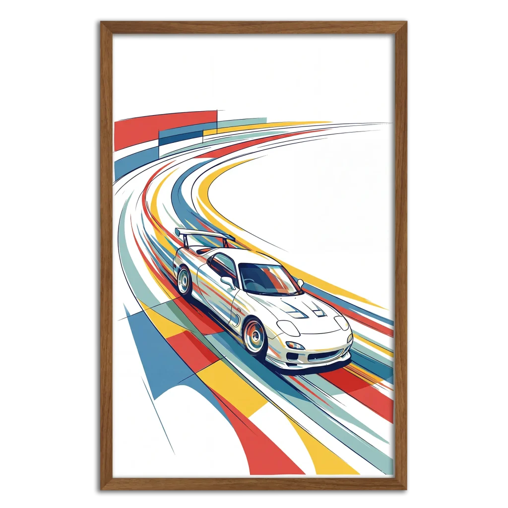 Framed Bauhaus-style RX7 racing line art print.