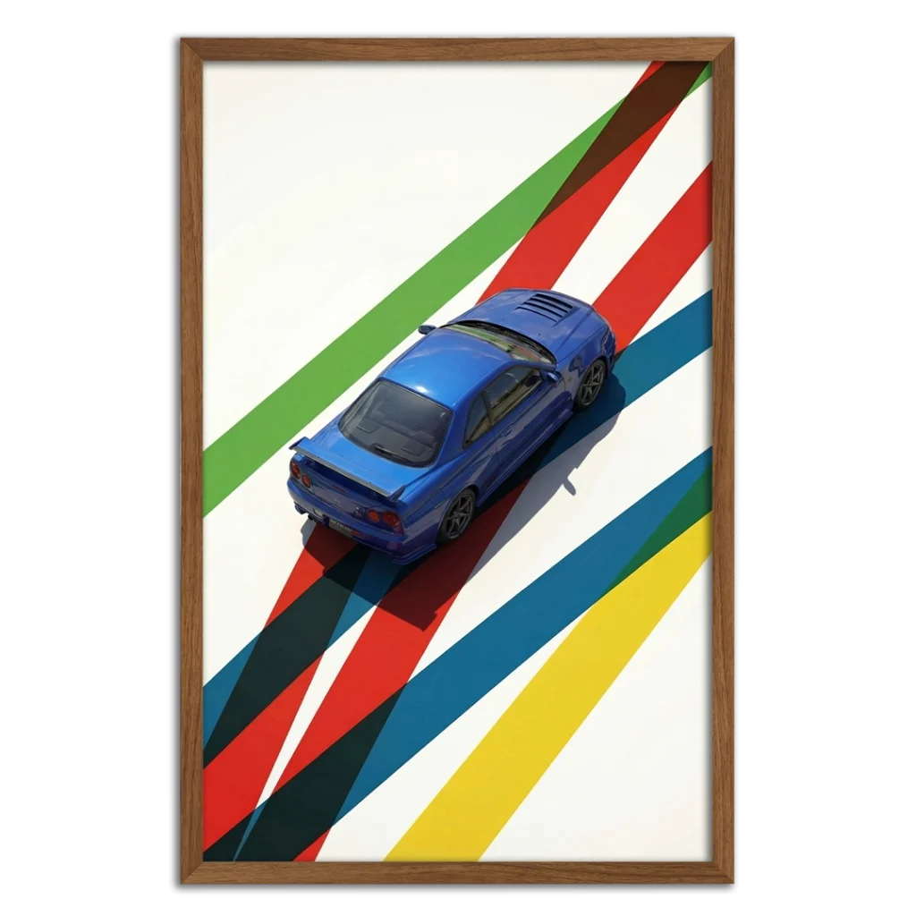 Top-down blue R34 GTR abstract lines art print in a frame.