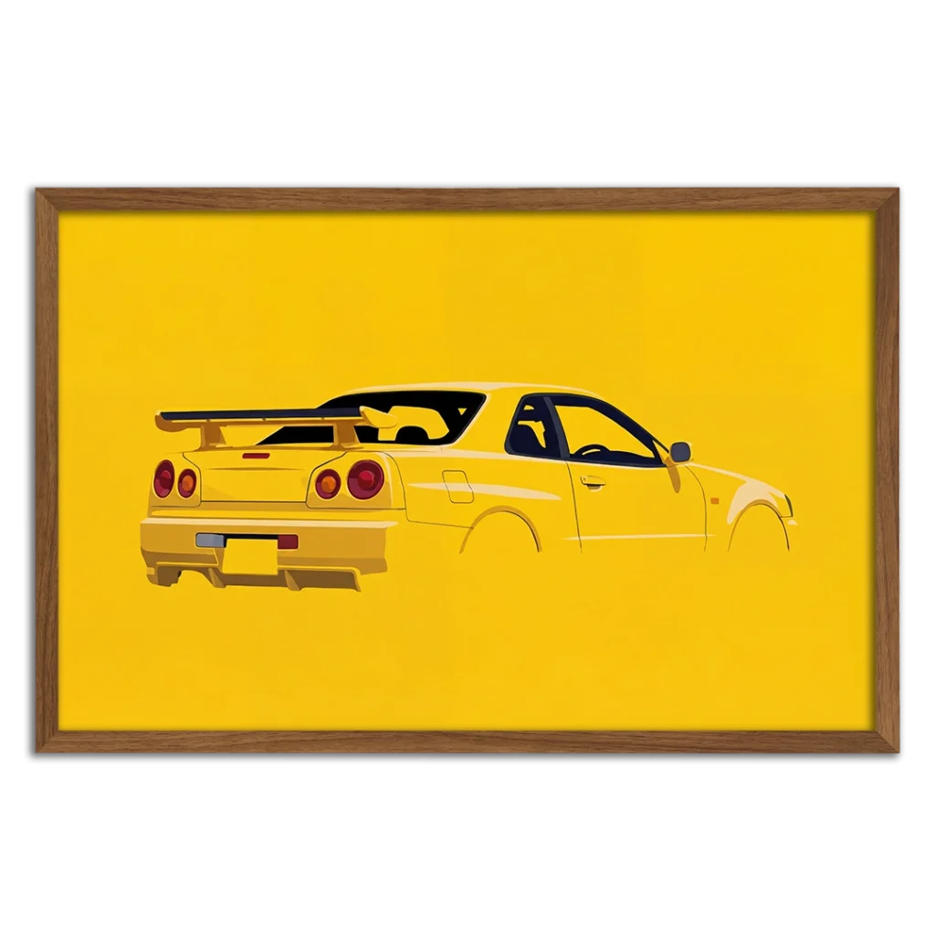 Framed yellow R34 GTR minimalist art print.