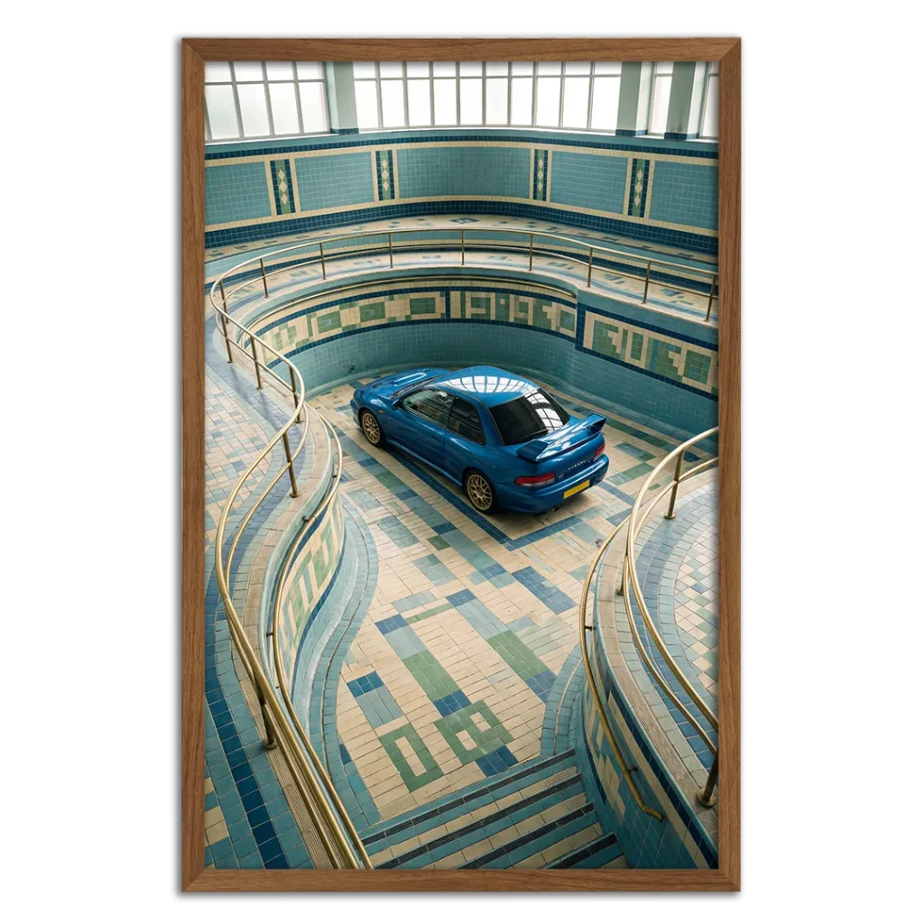Framed photography print of a blue Subaru 22B in an empty mosaic pool.