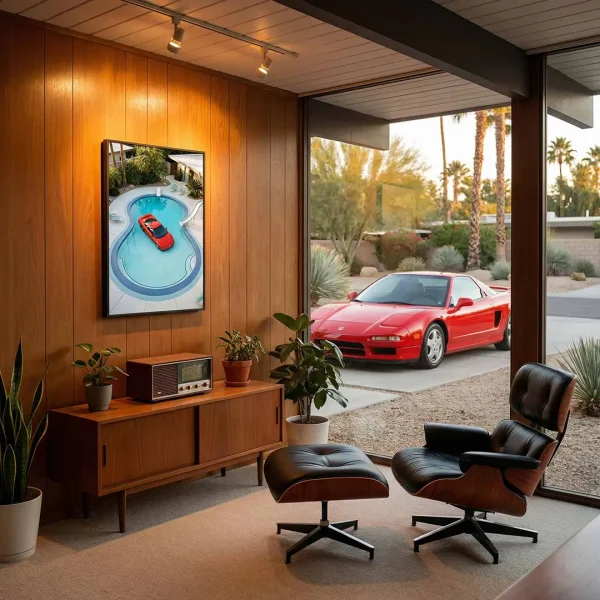 Red Acura NSX pool art print displayed in a mid-century modern living room.