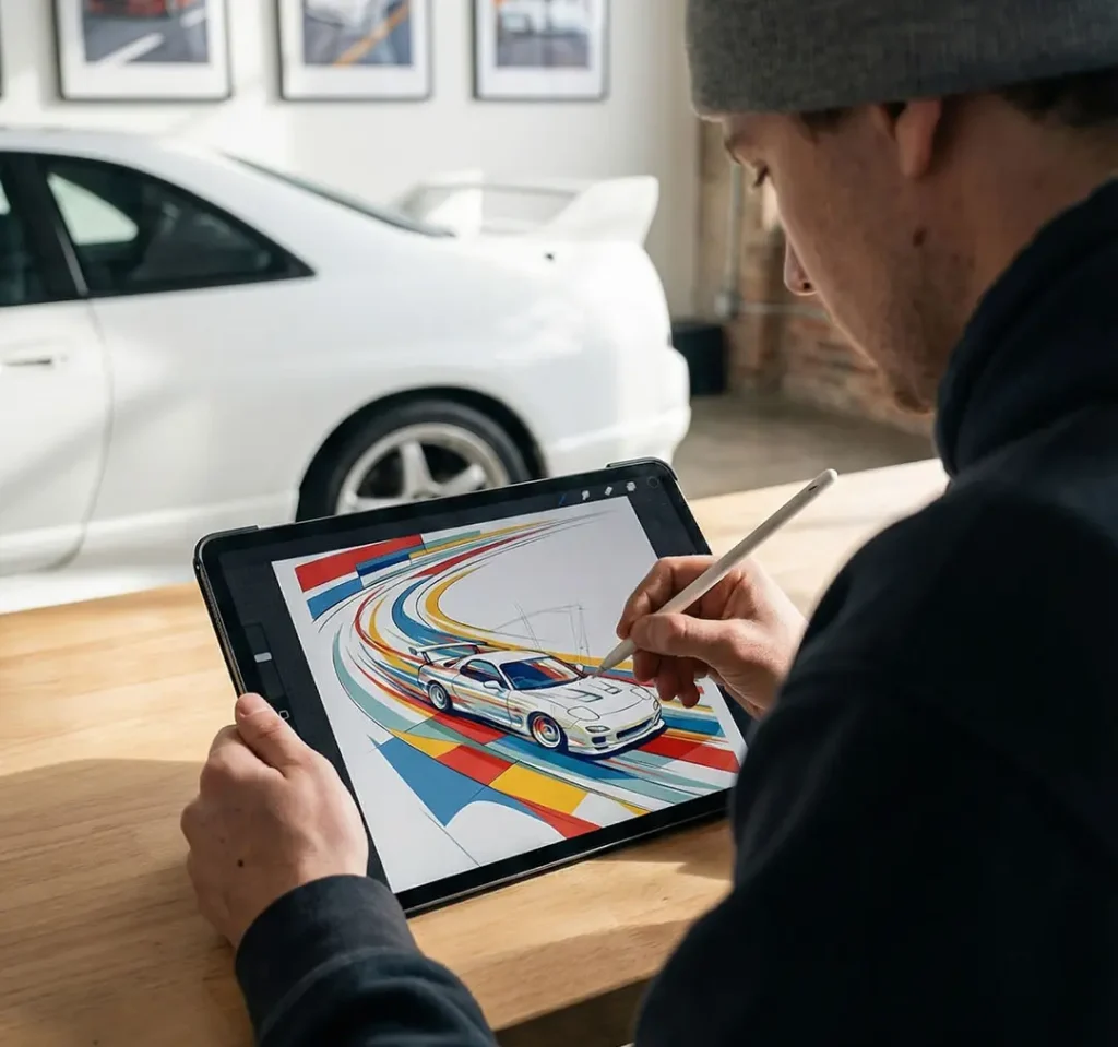 Person drawing a car art print on their iPad.