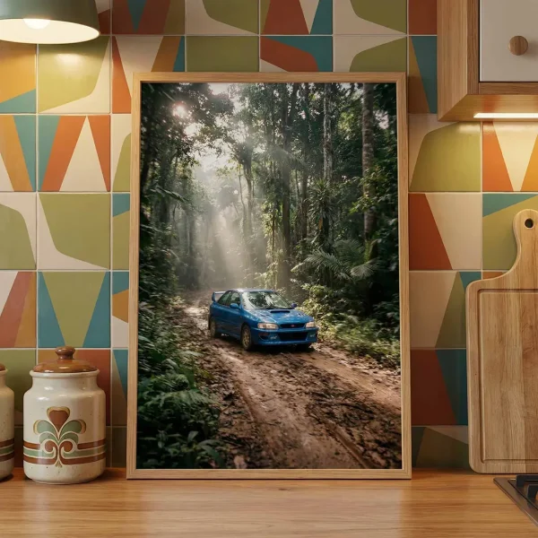Subaru 22B Jungle Attack photography print on a kitchen counter.
