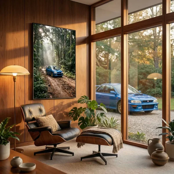 Subaru 22B Jungle Attack wall art in a mid-century modern living room.