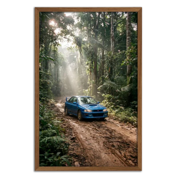 Photograph of a blue Subaru 22B STI driving in the jungle