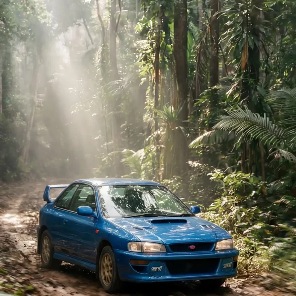 Zoomed-in image of a blue Subaru 22B STI driving in the jungle.