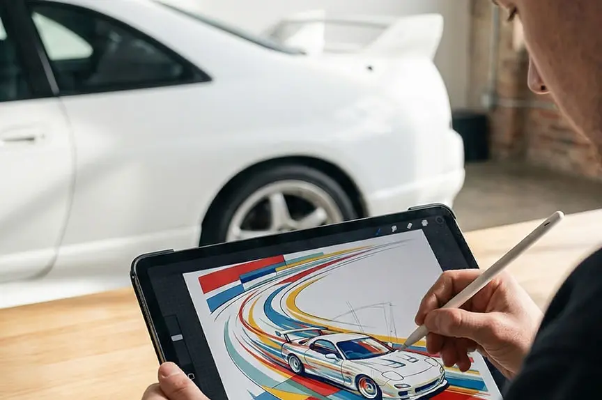 Person drawing an RX7 on their Ipad next to a skyline r33 GTR