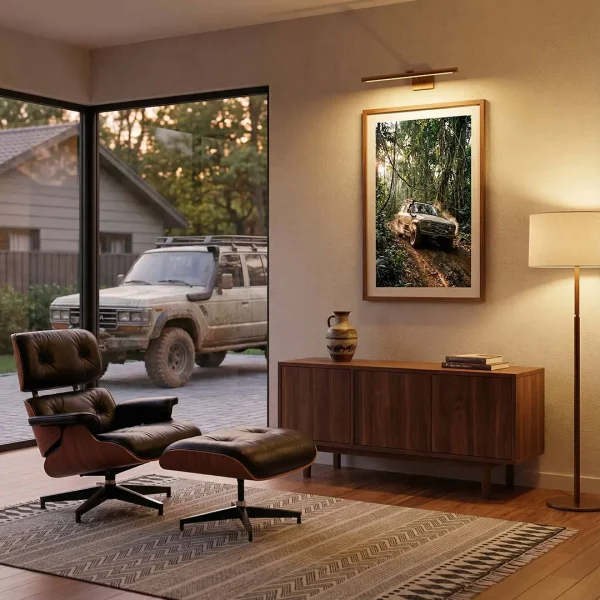 Toyota Land Cruiser off-road wall art in a modern living room.