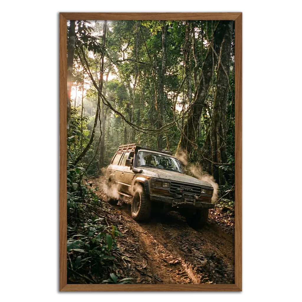 Framed Toyota Land Cruiser jungle off-road photography print.