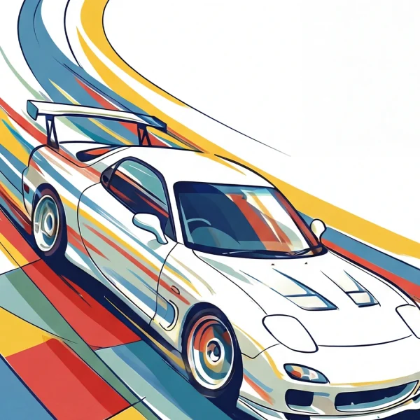 Zoomed-in image of Bauhaus-style RX7 racing line art print.