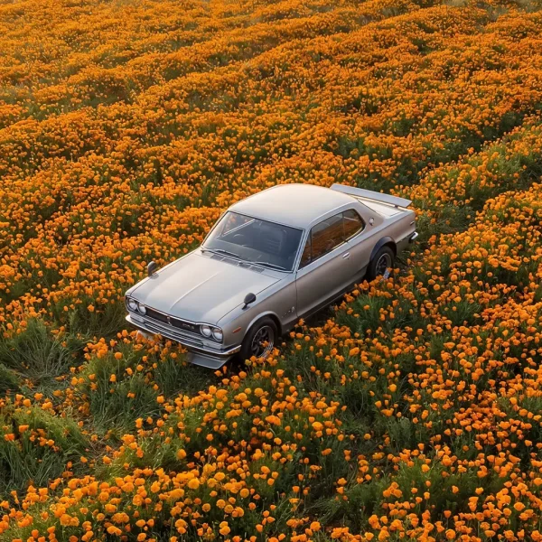 Hakosuka Skyline GTR in Orange Flower Field - Image 4